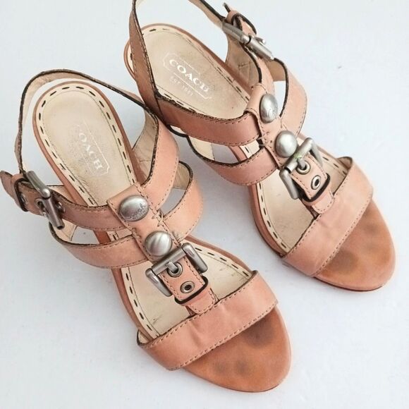 Coach T Strap Tan Leather Sandals Silver Buckle Studs Wood Stiletto Heel Sz 6.5 - Picture 5 of 10